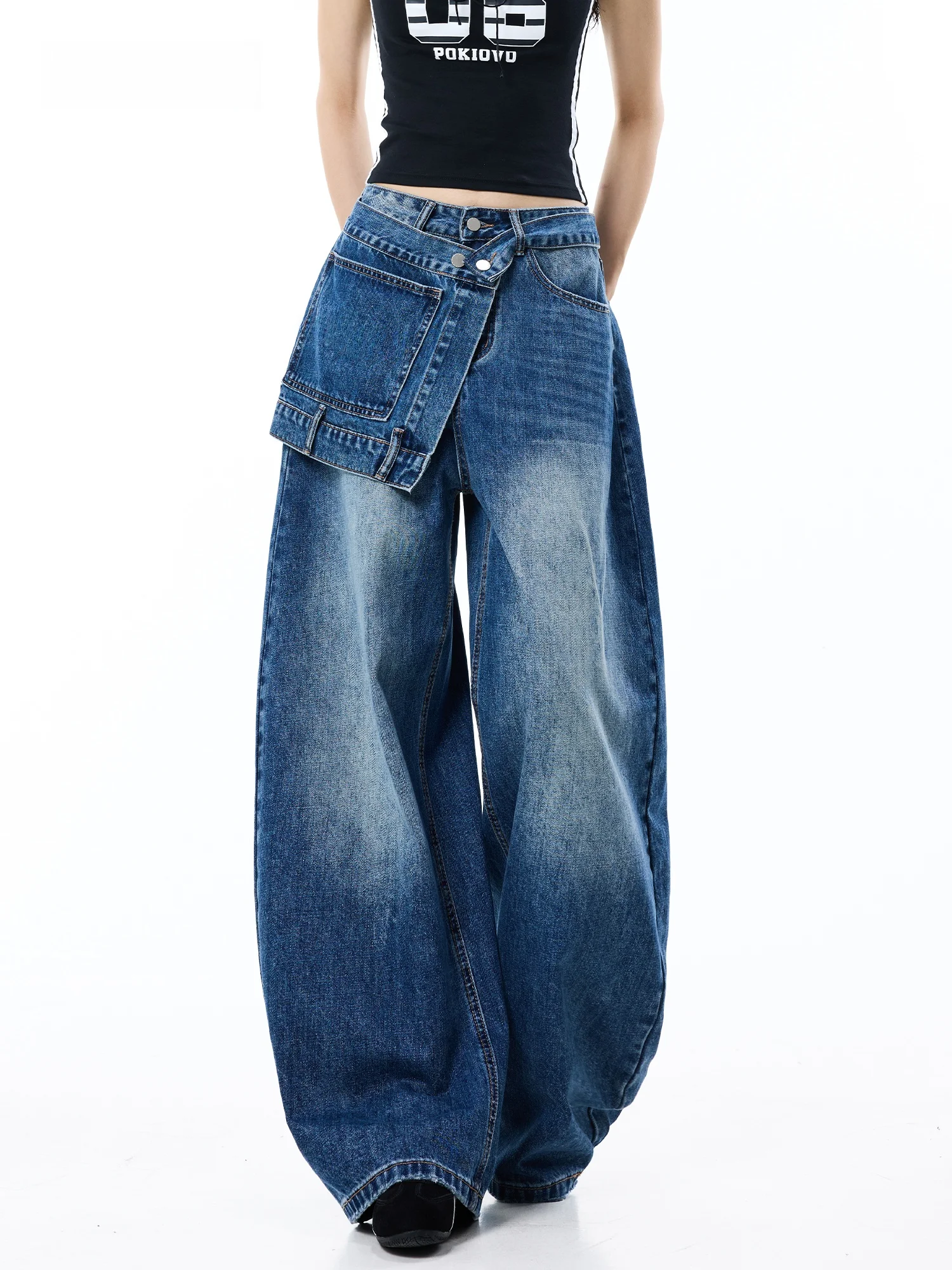 Dislocated Deconstructed Wide Leg Jeans Women's Loose Casual Long Pants Autumn New Style American Style Natural Waist Denim