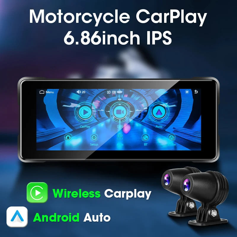 6.86 Inch Motorcycle DVR Portable Waterproof Touch screen Wireless CarPlay Android Auto GPS Navigation Siri Voice Dual Bluetooth