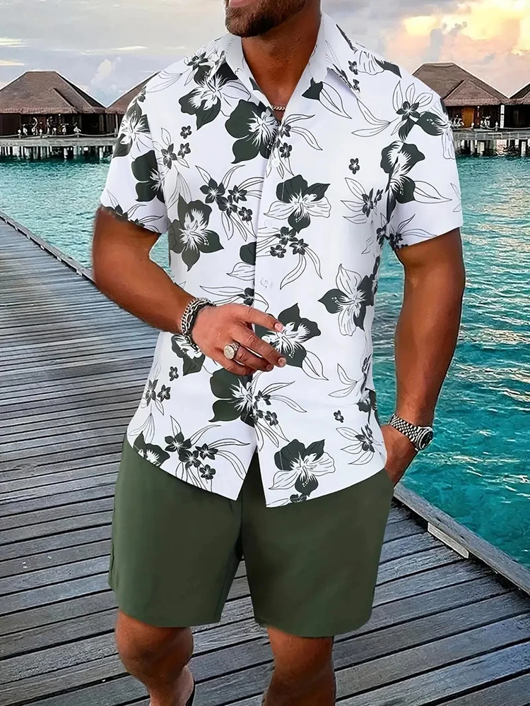 Summer Men\'s Casual Shirt And Beach Shorts Hawaiian Fashion Short-sleeved Shirt Beach Party Drawstring Shorts Baroque Print