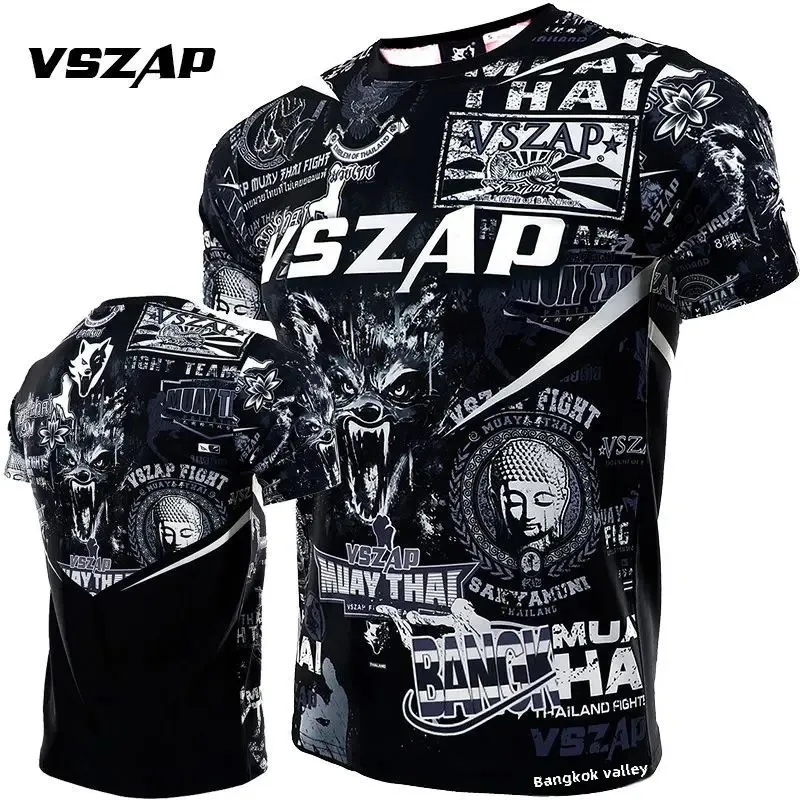 VSZAP الرجال قصيرة الأكمام MMA اللياقة البدنية الرياضة القتال تي شيرت سريعة الجافة مرونة طومسون القتال نمط فنون الدفاع عن النفس الملابس