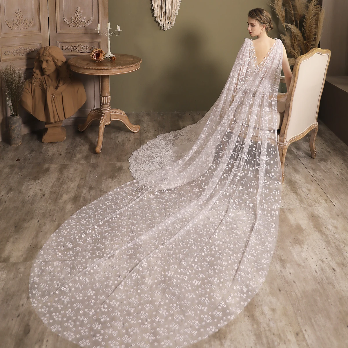 V827 Delicate Wedding Bridal Cathedral Veil One-Layer Tulle Printed Daisy Butterflies Double Shoulder Marriage Bride White Veil