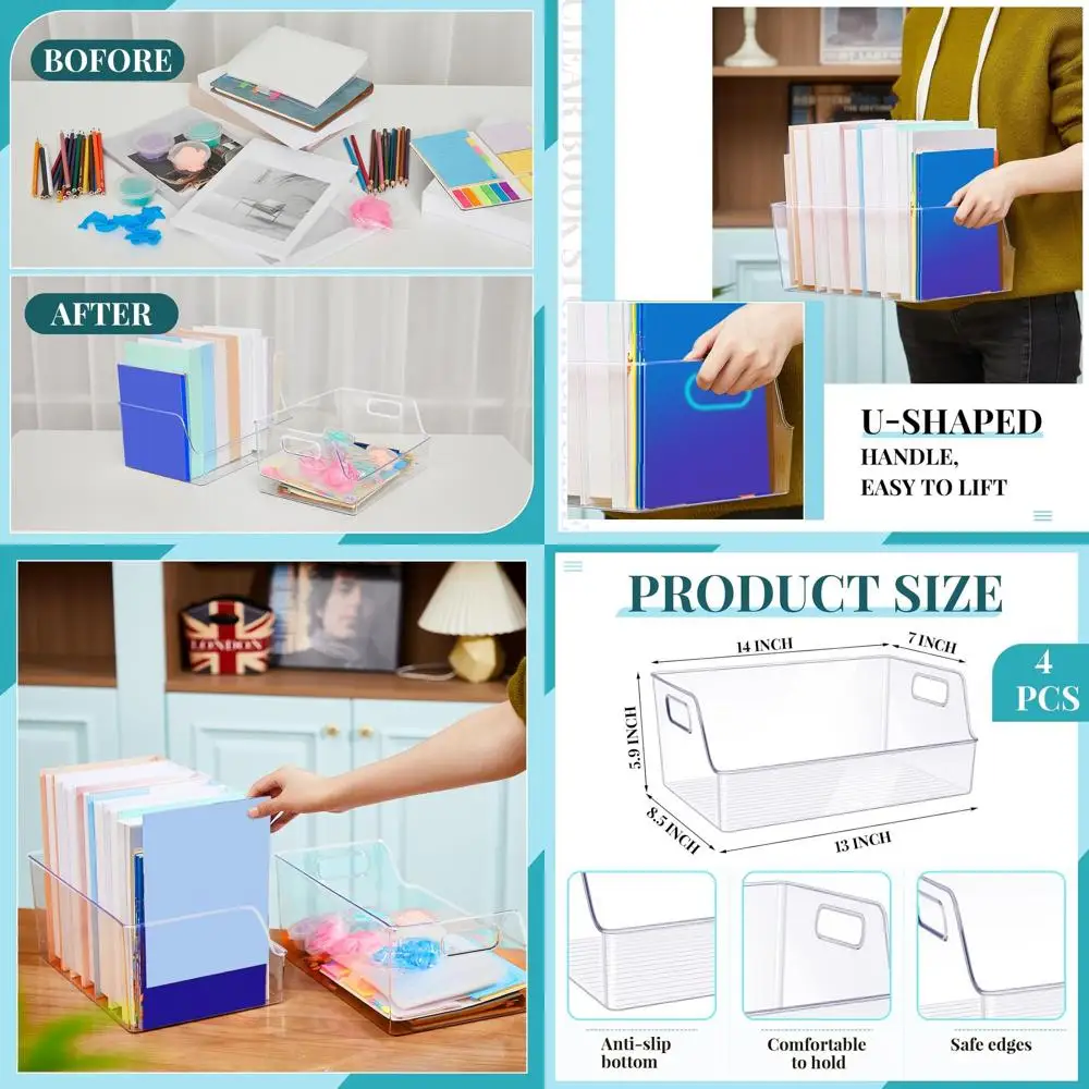 

Stackable Clear Book Display Case, Large Storage Organizer, 13x8.5x5.9 Inches, Handle Included for Books and Magazines