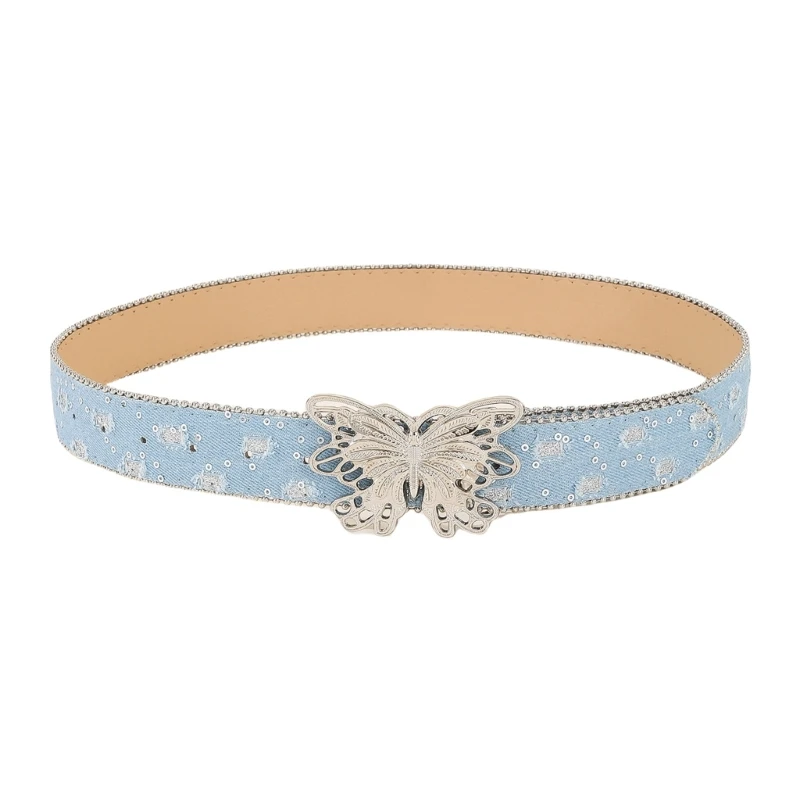 652F Blingbling Butterfly Rocker Belt Jean Belt Waist Costumes Sequins Beaded Heavy Duty for Jeans Pants