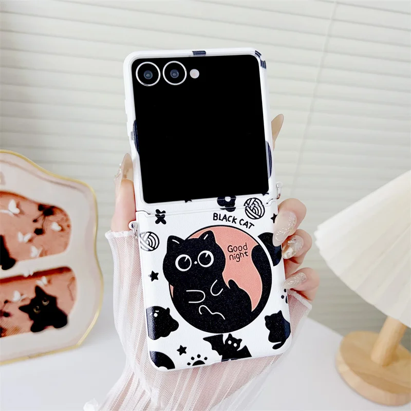 

Case For Samsung Galaxy Z Flip 7 FE 6 5 4 3 Cartoon Black Cat Wrist Strap Lanyard Hinge Shockproof Cover