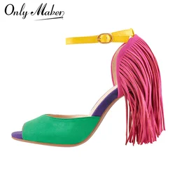 Onlymaker Women Peep Toe Fringe 10cm High heel Sandals  Red Yellow Green Sandals Big Size Wedding Party Dance Sandals Heels