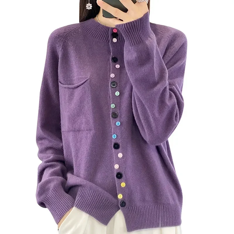 Cashmere Sweater Cardigan Women Single Breasted Long Sleeve Elegant Vintage Jumper Solid Wool Knitted Autumn Winter Outwear 2024