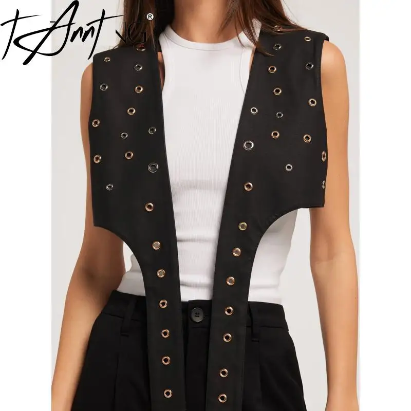 

TANNT Women Vest 2024 New All Match Lace Up Handmade Rivet Sleeveless Top For Women Fashionable Solid Short Black Waistcoat