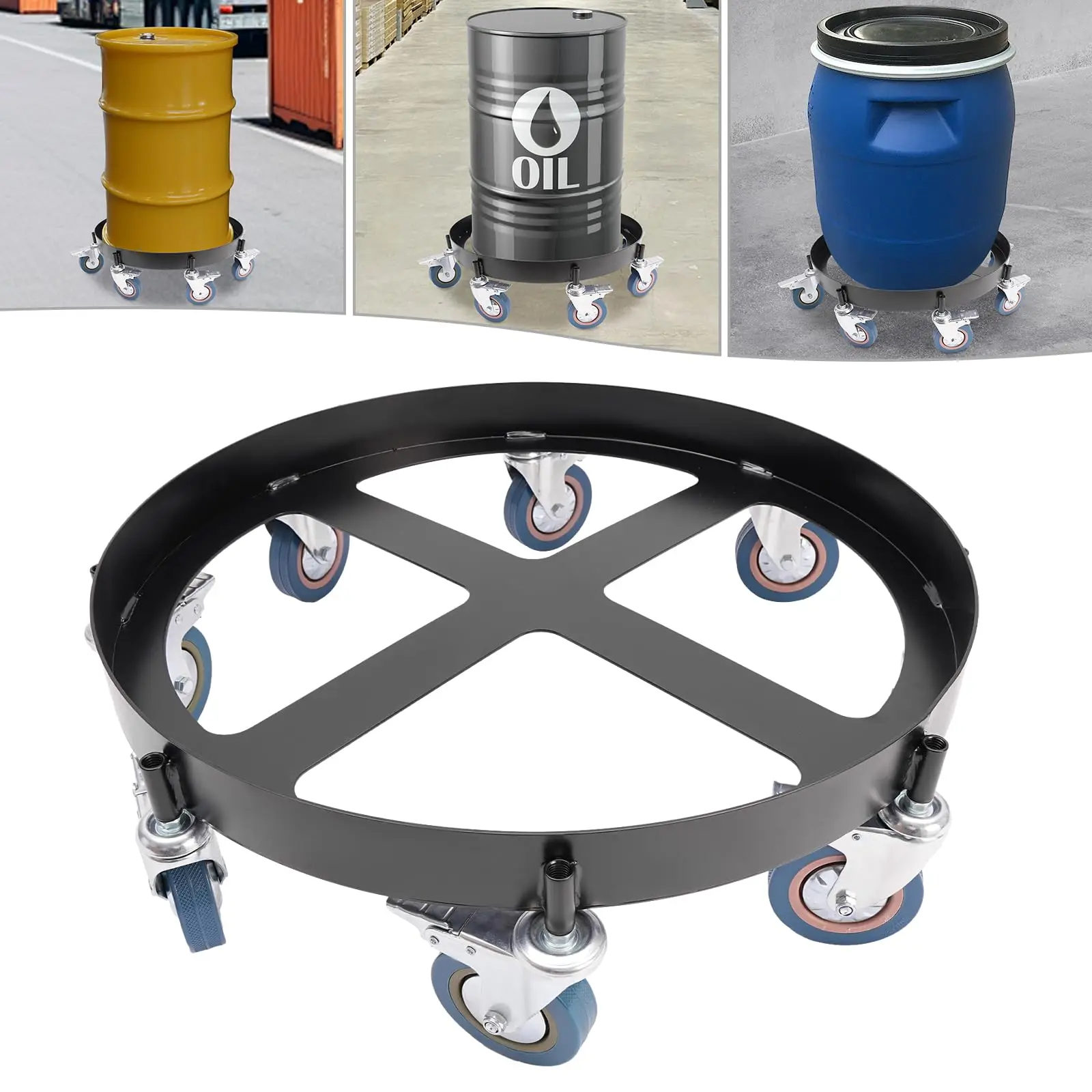 1 ¢ 55 جالون دوللي طبلة شديدة التحمل مع 8 عجلات، سعة تحميل 2000 يلوون، عربة دوللي ذات أسطوانة فولاذية، سلة مهملات مضادة للرصد