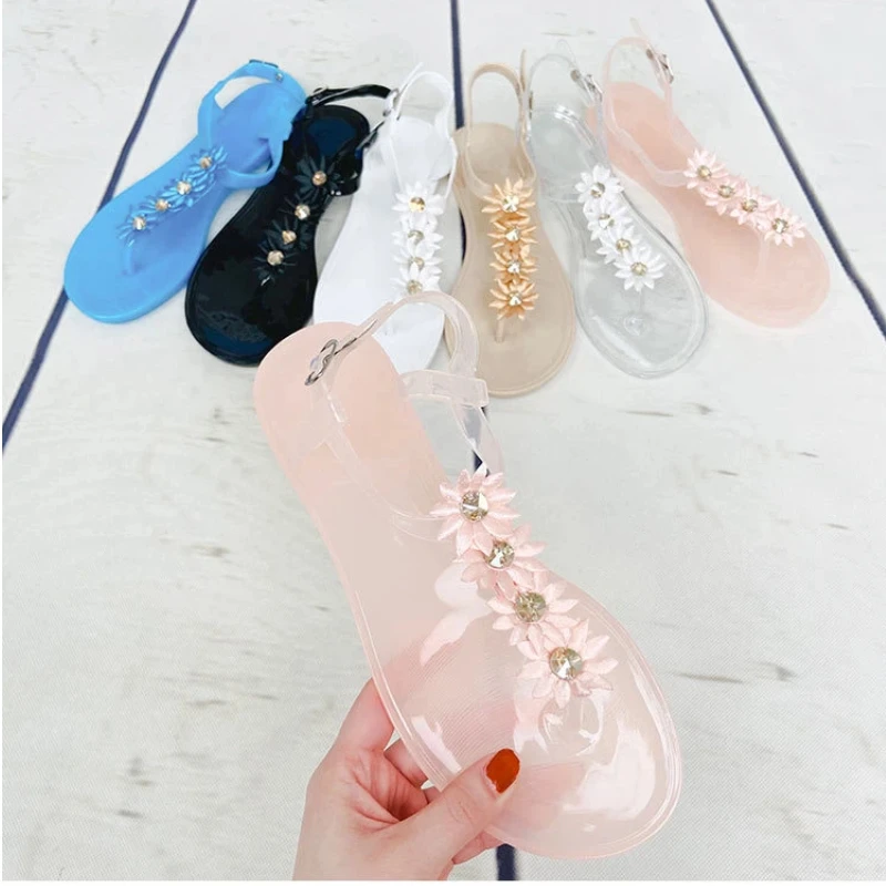 Size 36-42 Women Girls Jelly T- Tied Sandals INS Hot Sales Sun Flowers Transparent PVC Summer Beach Flip-flop Shoes S1048