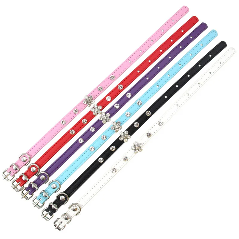 Bling Rhinestone Puppy Cat Collars Adjustable Leather Flower Kitten Collar for Small Medium Dogs Cats Chihuahua Pug Yorkshire