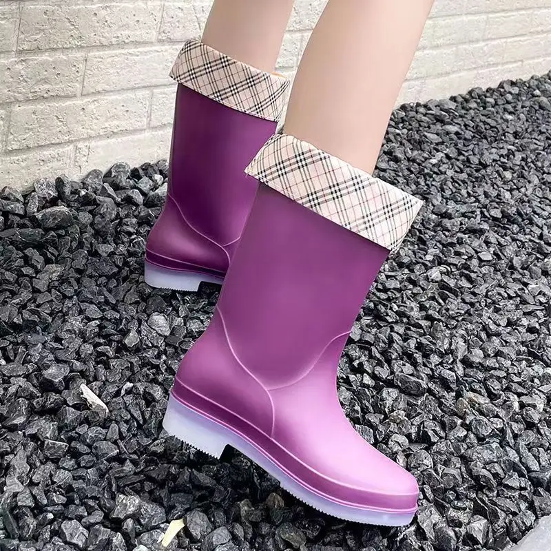 New Women's Four Season High Top Mid-Calf Low Heel Rain Shoe Soft Sole Non Slip Waterproof Detachable Cotton Cover Work Shoes