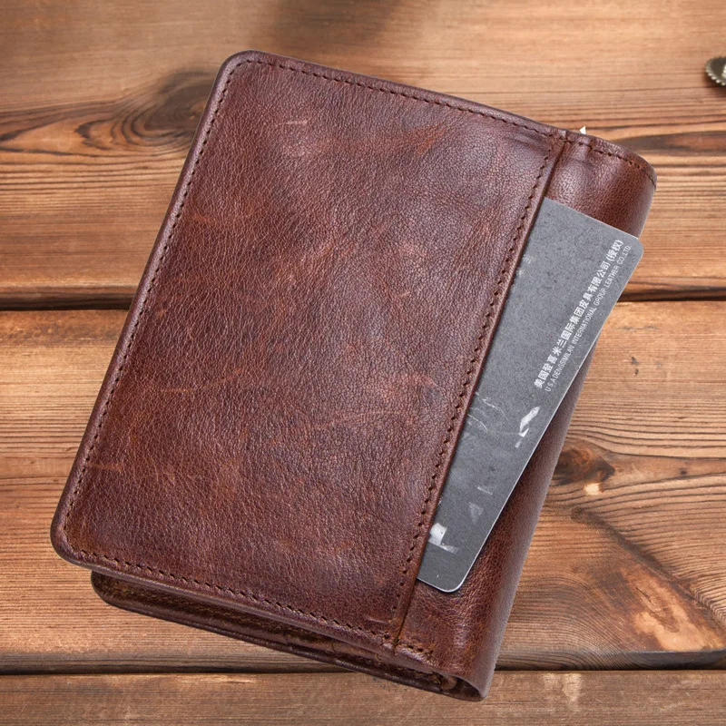 RFID Crazy Horse Cowhide multi-functional men's wallet with genuine leather buckle and large capacity handheld wallet