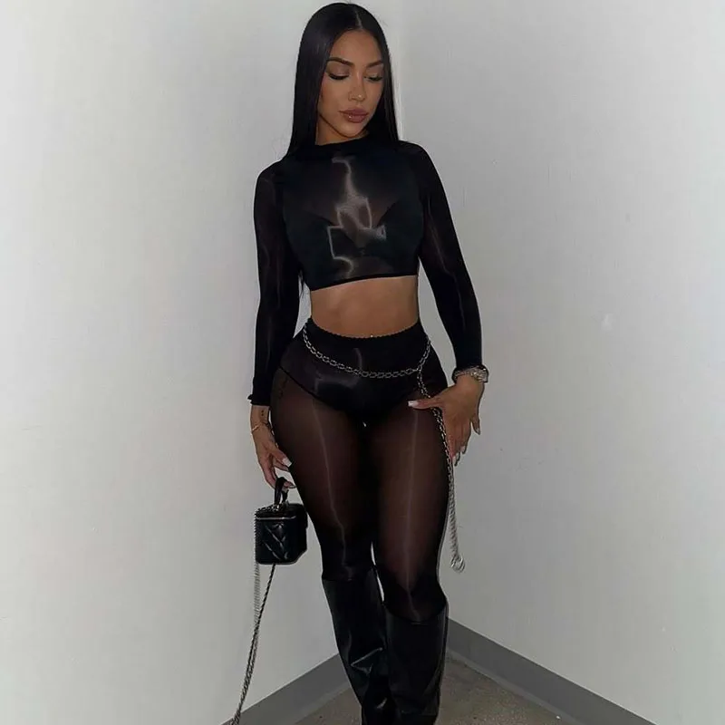Sexy Mesh See Through 2 Piece Sets Woman Outfits Rave Festival Clothing Night Club Party Long Sleeve Crop Top and Leggings Set