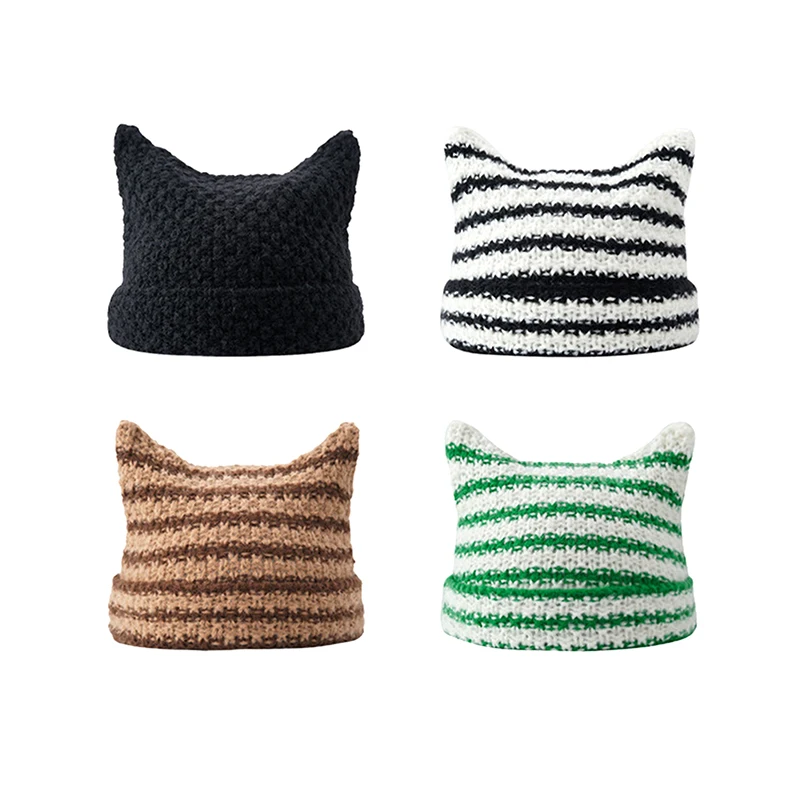 Cute Cat Ear Beanie Crochet Hats For Women Girl Knitted Y2K Striped Winter Warm Loose Fit Handmade HipHop Stylish Skullies Cap