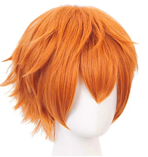 Peruca curta laranja masculina, fantasia de cosplay cabelo sintético de Halloween, ondulado natural