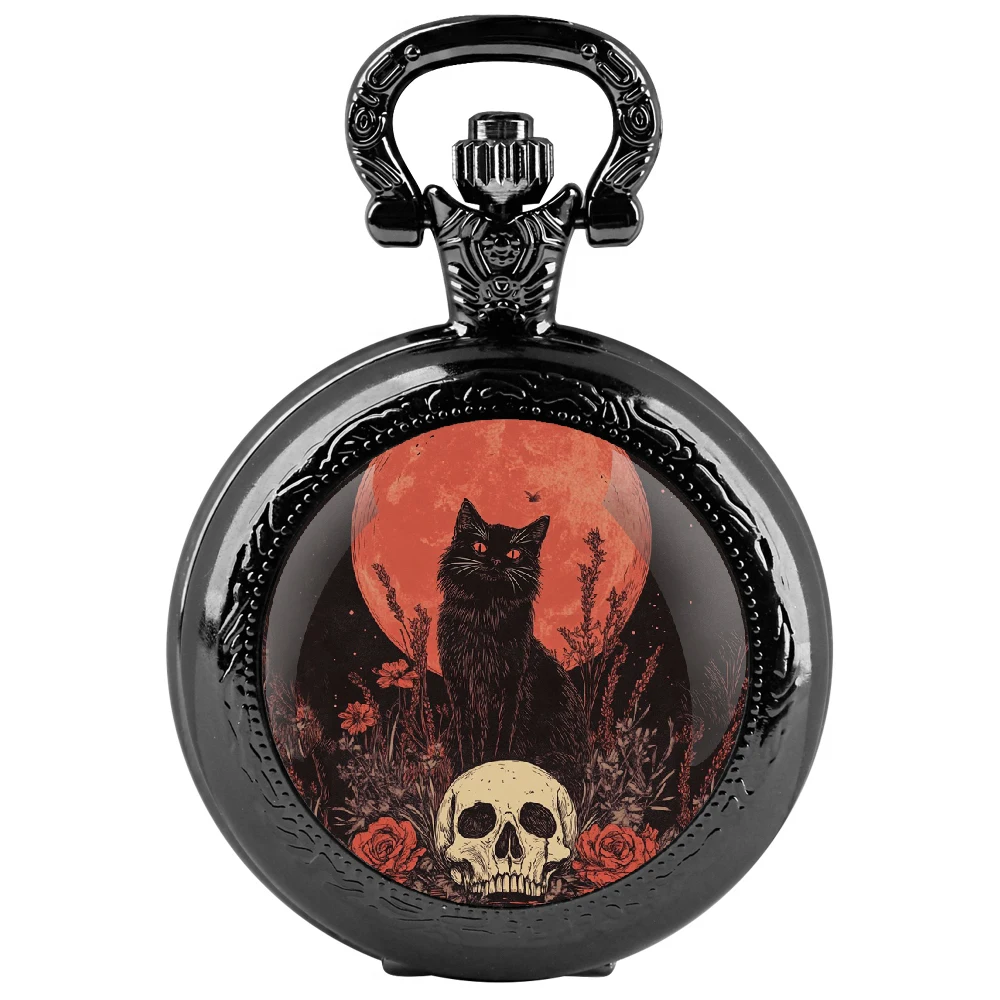 Black Cat Gazing Glass Dome Quartz Pocket Watchwith Chain World-Time Feature, Analog Display for Women Men Kids Jewelry Pendant
