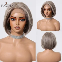 Synthetic Straight Lace Front Wig Mixed Gray Brown Blonde Short Bob Wigs for Women Heat Resistant Cosplay Daily Use Natural Hair