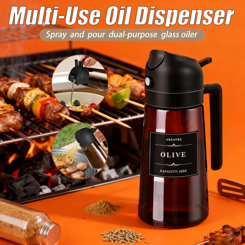 16oz 2-in-1 Glass Oil Dispenser and 470ml Sprayer Leak-Proof Olive Oil Bottle for Cooking Air Frying Grilling and Kitchen Use