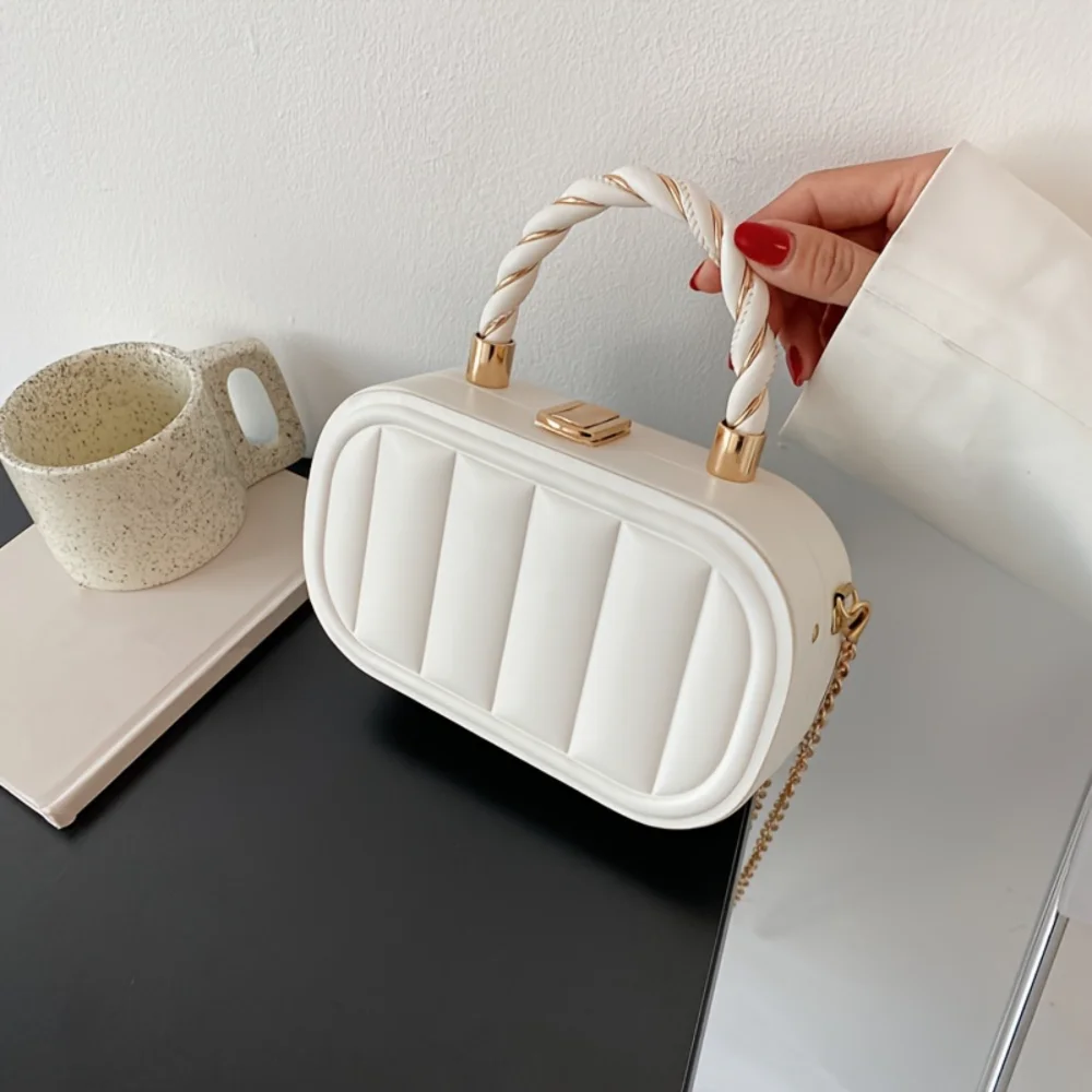 

Striped Mini Crossbody Bag with Braided Handle and Chain Shoulder - Daily Use