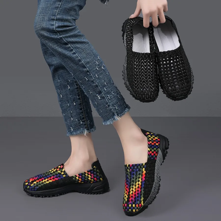 Platform Women's Shoes Breath Loafers New Women Sneakers Summer Casual Shoes Woven Flat Lady Footwear Soft Zapatos Plus Size 42
