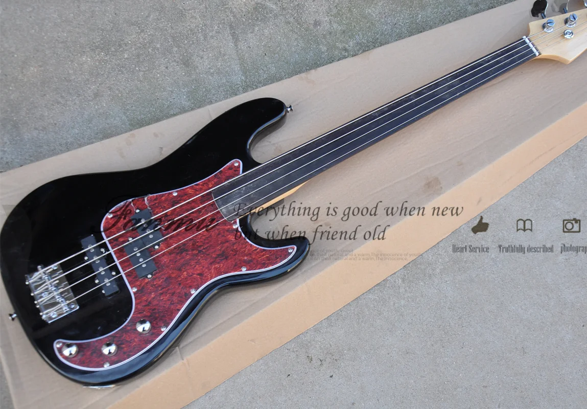 

4 String Bass Guitar Jaz Black Bass Rosewood Fingerboard Fretless Fixed Bridge Red tortoise shell Pickguard