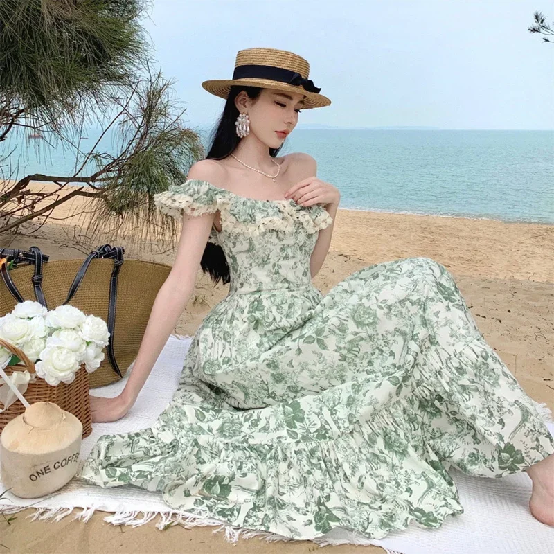 Off Shoulder Oil Painting Printed Dress for Women Summer French Style Flying Sleeves Casual Long Dresses Empire Beach Vestidos