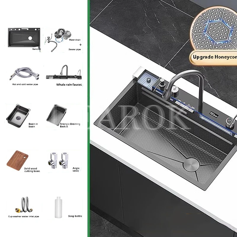 304 Stainless Steel Kitchen Sink Double Waterfall Single Slot Integrated Digital Display Faucet Set Cup Washer Soap Dispenser