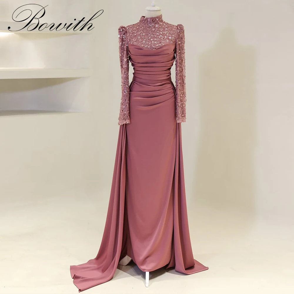 

Bowith Modest Evening Dresses Luxury Beading High Collar Long Sleeve Women's Dresses for Formal Occasion Customized Evening Gown