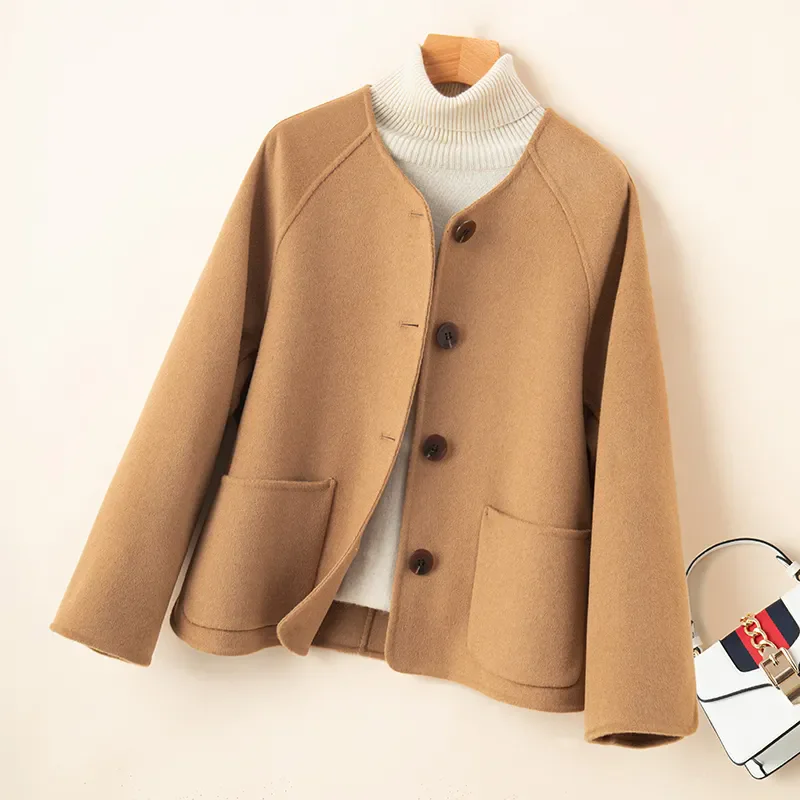 2025 New Autumn Winter Women's Short Style Double Faced Velvet Coats Wool Jacket Pockets O-neck Single-Breasted Outerwear Female