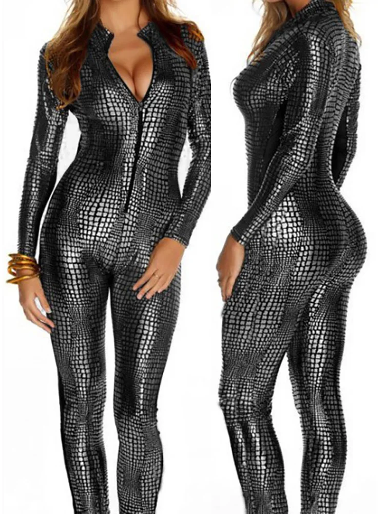 

Snake Python Prints Shiny Faux PU Leather Catsuit Long Sleeve Zipper Bodysuit Tight Sexy Leotard Conjoined Unitard Jumpsuit Body