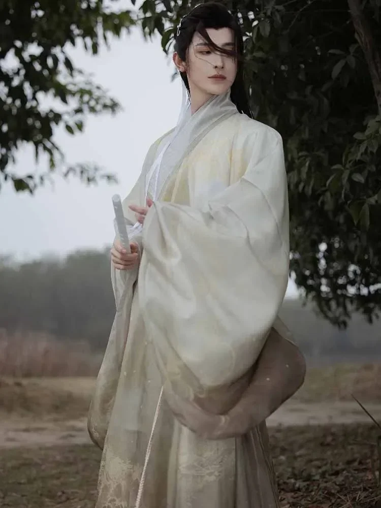 

Deluxe Hanfu Gown Men Chinese Vintage Style Print Blended Gradient Ming Robe Male Cosplay Costume New Year Costume Party Outfit