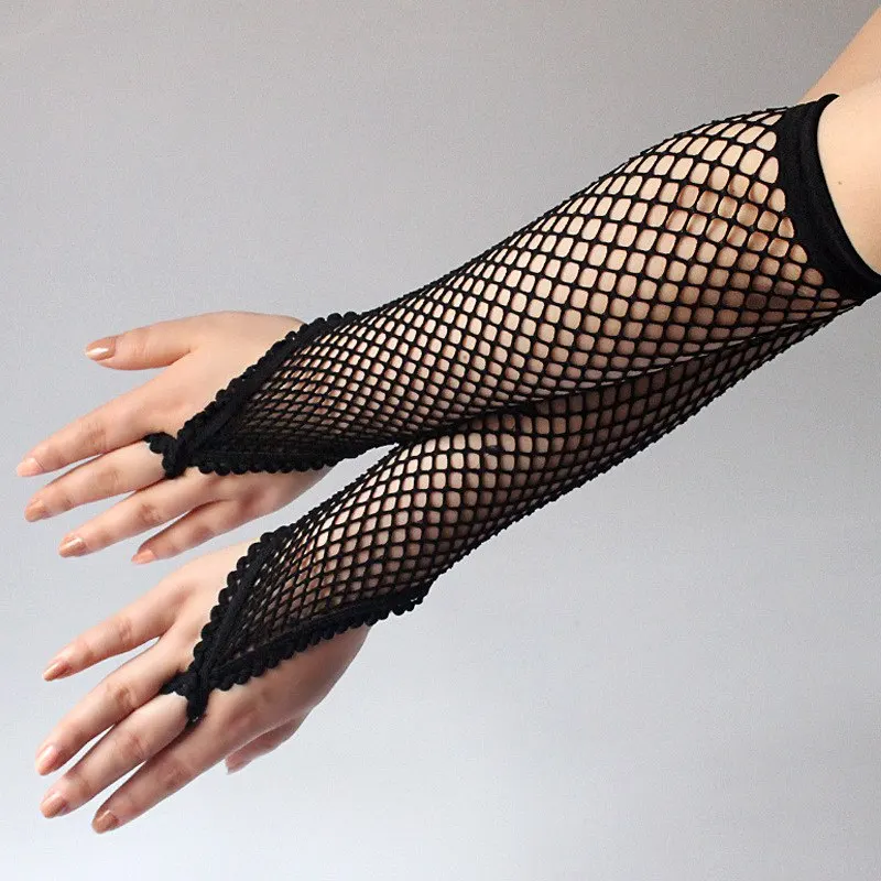 สีดำใหม่ผู้หญิงถุงมือยาว Fishnet ฤดูร้อนตาข่ายกลวงครีมกันแดดถุงมือสาว Gothic Punk Rock ขับรถลื่นแขนแขน