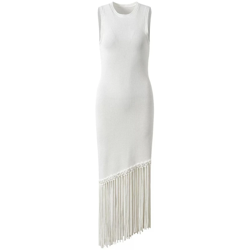 2025 Summer New Elegant Slim O-Neck Sleeveless Knitted Style High Waist Evening Dresses for Women White Tassel Vest Dress