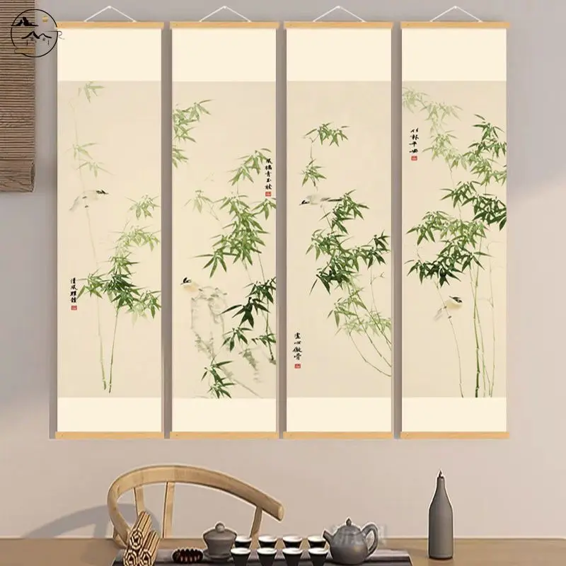 Wall Art Aesthetic Room Decor | Chinese Ink Bamboo Scroll Set for Tea Room Wabi Sabi Study Zen Garden Wellness Center Calm Home