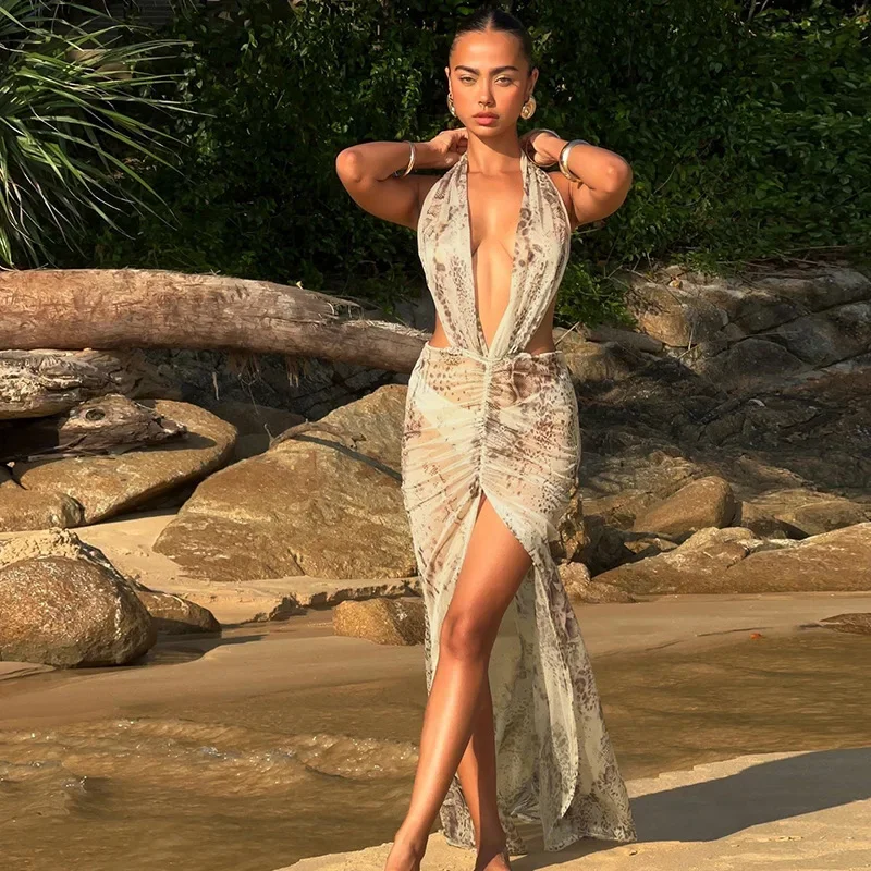 فستان ماكسي مثير برقبة رسن مطبوعة للنساء موضة جديدة للإجازات ورقبة على شكل V منخفضة القطع بدون ظهر سبليت غمد فيستدوس رداء شاطئ أنيق