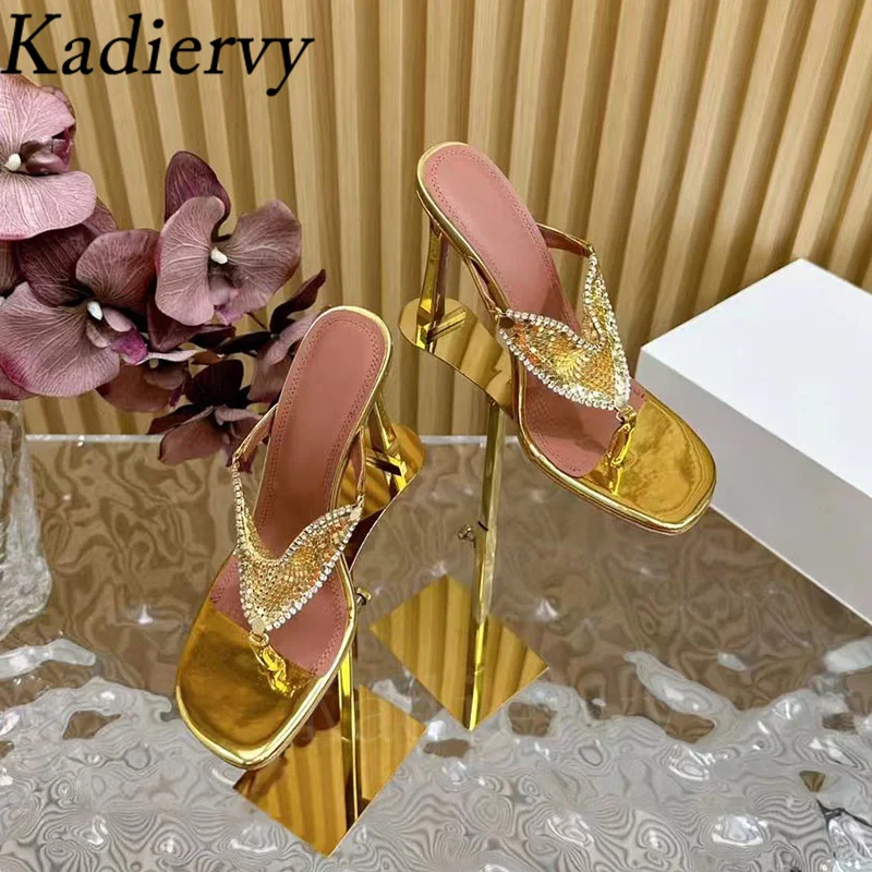 Rhinestone Slippers Woman Flip Flops High Heels Party Dress Shoes Woman Summer Slides Stiletto Crystal Bling Sandals For Women