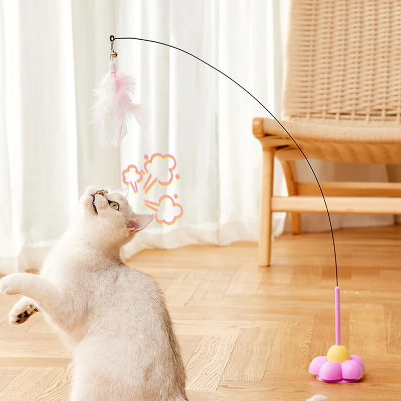 Cats Stick Toy Funny Fluffy Feather With Bell Sucker Suction Cup Feather Cats Toy Removable Handheld Cat Interactive Toy