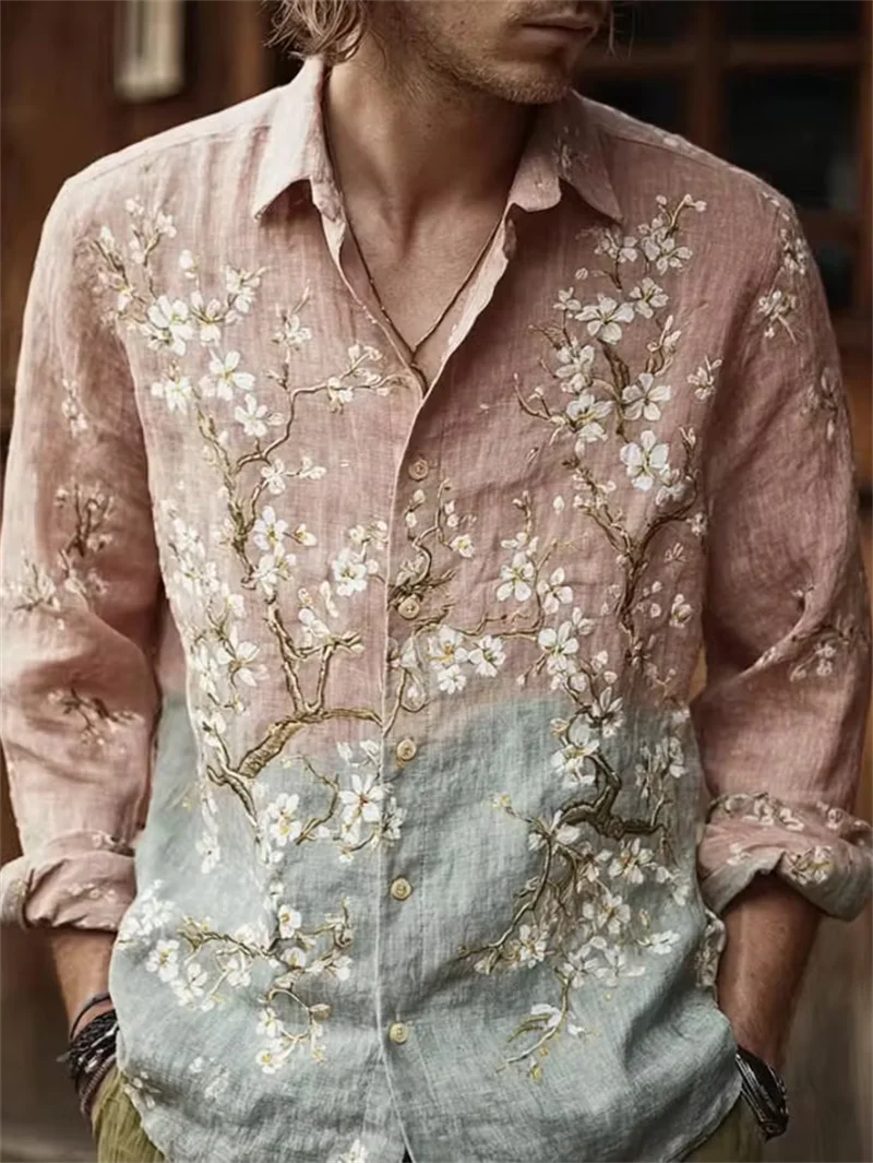 New Chinese style tie dye Xianhe 3D printed men's long sleeved shirt, vintage artistic casual shirt clothing