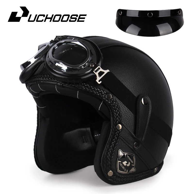 UCHOOSE Retro Motorhelm PU Leer Open Gezicht 3/4 Chopper Fietshelmen Klassieke Casco Moto Vintage