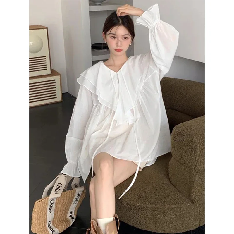 MEXZT Vintage Sweet Ruffles Shirts Women 4Xl White Elegant Oversize Sun-Proof Blouses Korean Cute Flare Sleeve Loose Casual Tops