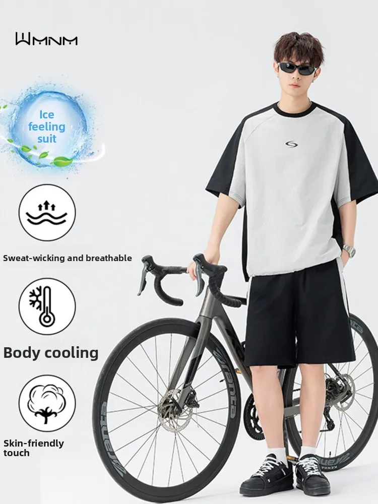 

Wmnm American Sle Ice Silk Cool ort Sve Set Men Summer Trendy Embroidery Color Blo Baskeall Sport orts Set