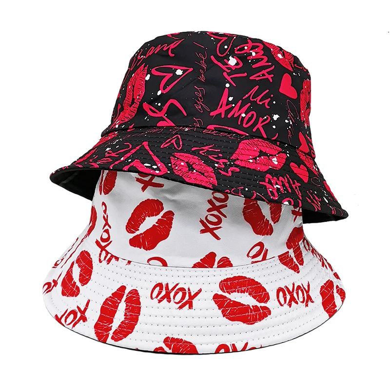 Bocca Red Lips Printing Bucket Hat Love Heart Graffiti Pattern Fisherman Hats Double Sides Panama Cap Summer Sunscreen Outdoor