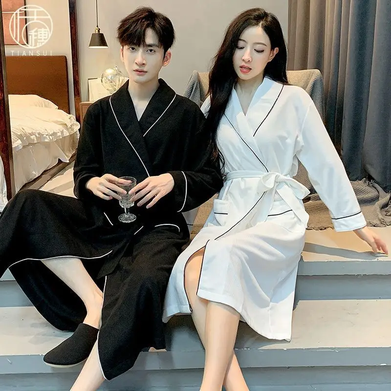 Autumn Couples Pajamas Sets Women Men Cardigan Nightgown With Belt Cotton Soft Long Sleeve Bathrobe Casual Home Night-Robe