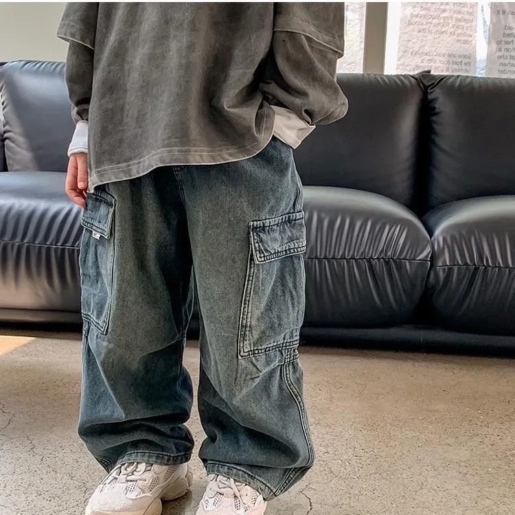 Kinder Jungen Jeans Frühling Herbst Kinder Baby Jungen Denim Hose Seitentaschen Kleinkind Jungen Lose Gerade Hose Streetwear Jungenhosen – Detail 3