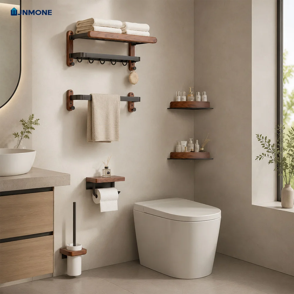 Walnut Wood Bathroom Accessories Set Wall Mounted Towel Rack Shelf Toilet Paper Holder Bathroom Hardware Kit Shower Organizer