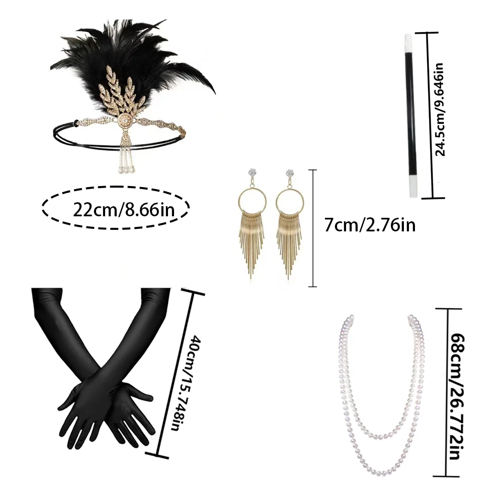 PESENAR Set di accessori Gatsby anni '20 per donna, fascia per capelli, copricapo, collana, guanti
