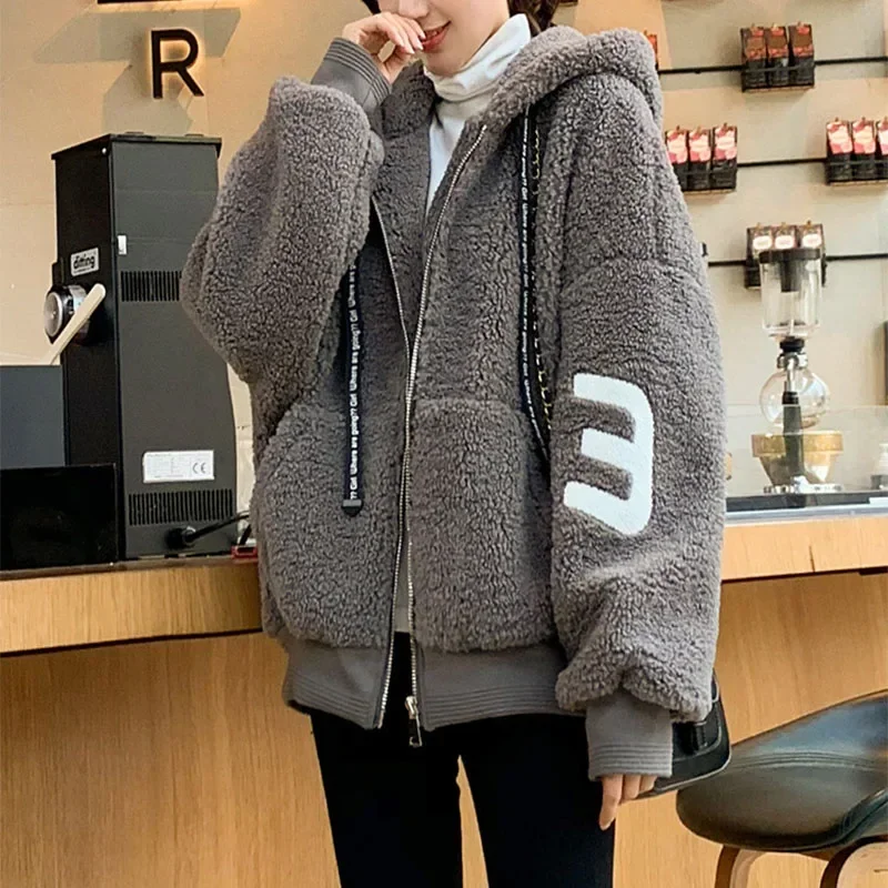 Women Lamb Wool Hoodies Autumn Winter Thicken Warm Sweatshirts Zip Up Jackets Ladies Hooded Coats Female Casual Loose Outerwear