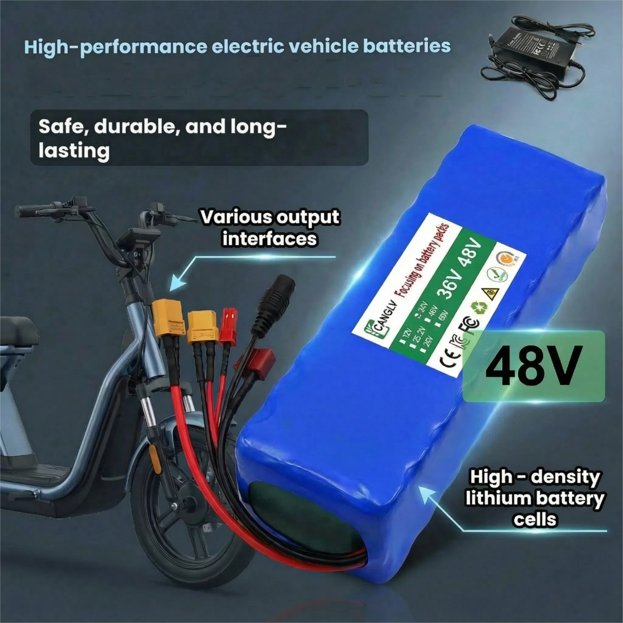 High-Capacity 13S2P 48V 7000mAh 18650 Lithium Battery Pack for Electric Vehicle Motorcycle DIY Kit with 15A BMS 54.6V 2A Charger