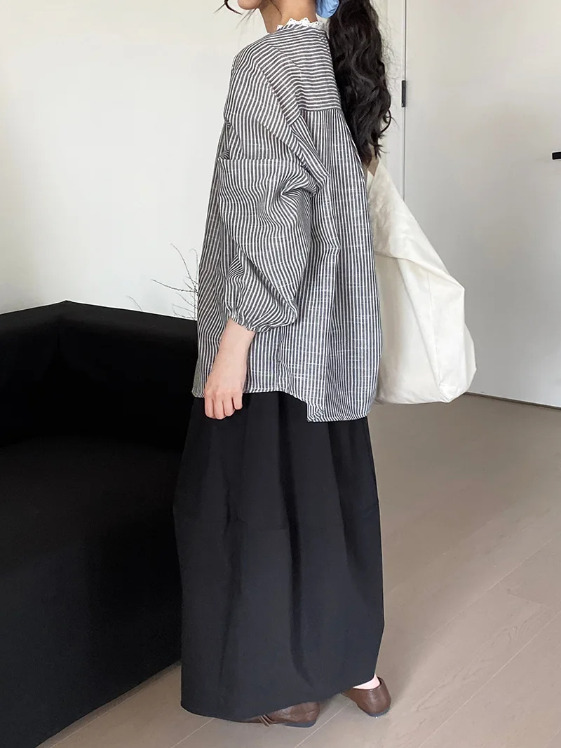 เสื้อเชิ้ตลายตารางหมากรุกลูกไม้ศิลปะย้อนยุคสําหรับผู้หญิง, เสื้อตุ๊กตาคอกลมหลวมญี่ปุ่น, เสื้อแขนยาว