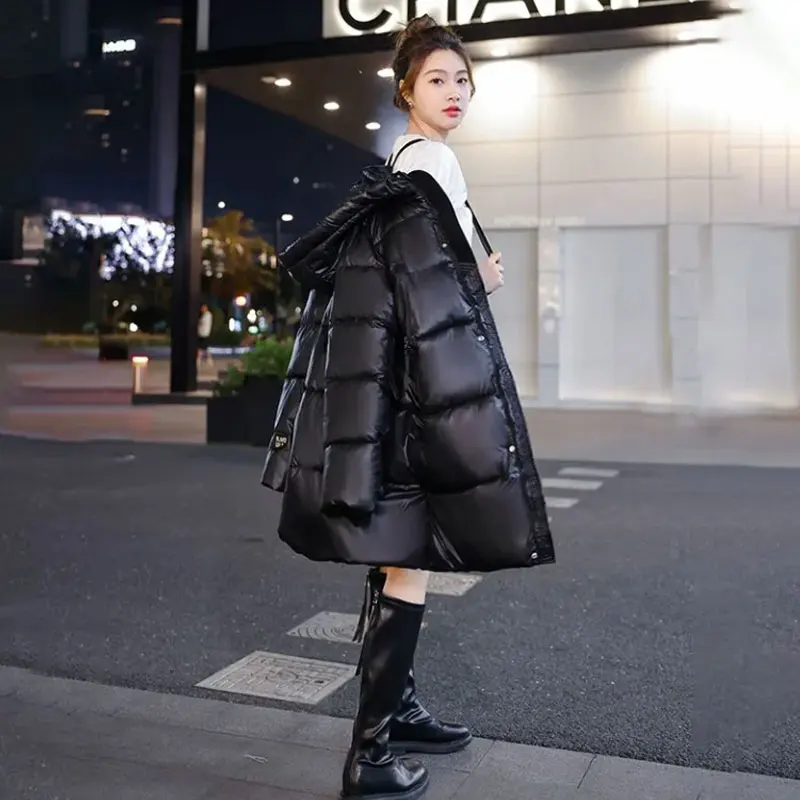 Black Gold No Wash Shiny Fashion Down Women's Cotton Jacket Mid Length Hooded New Warm Thick Loose Winter Padded Overcoat Female